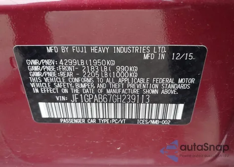 2016 Subaru Impreza 2.0I Premium z USA, uszkodzony, nr VIN JF1GPAB67GH239113